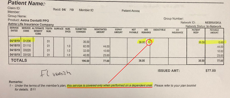 2019 Aetna Dependant Non Covered Fluoride Varnish